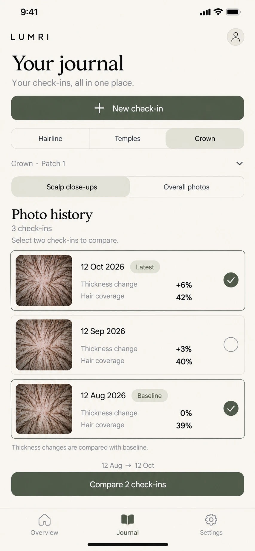 LUMRI app journal: crown check-ins with hair thickness change and hair coverage